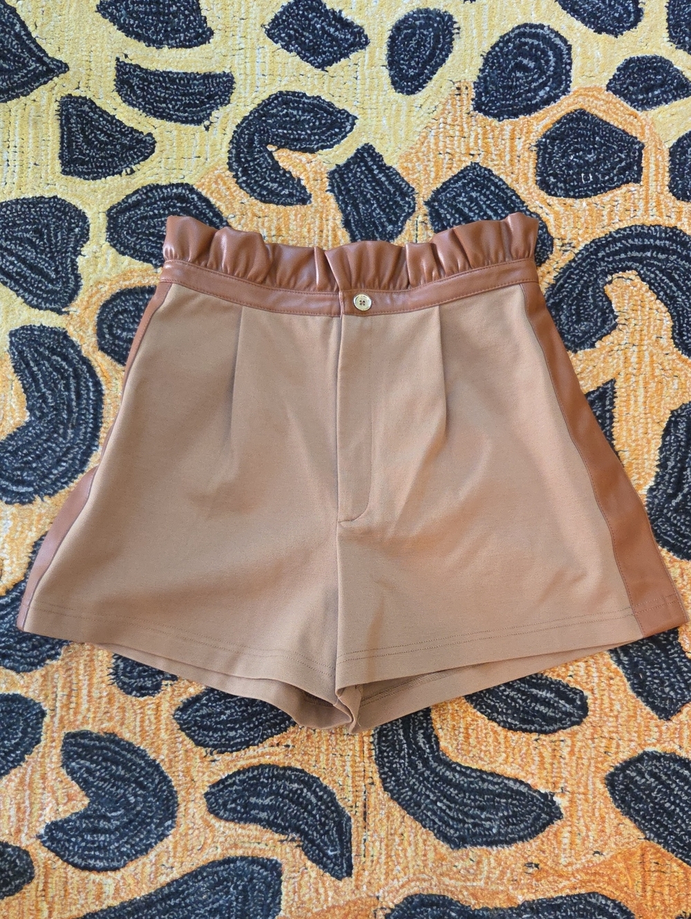 High-Waist Brown Paperbag Shorts with Leather-Trim Waist